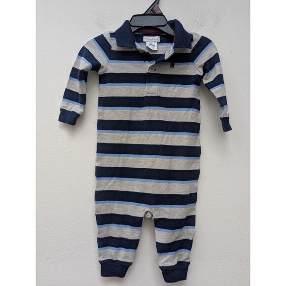 Ralph Lauren Baby Boy Coverall Blue Striped Rugby Cotton Long Sleeve 6M - Picture 1 of 9